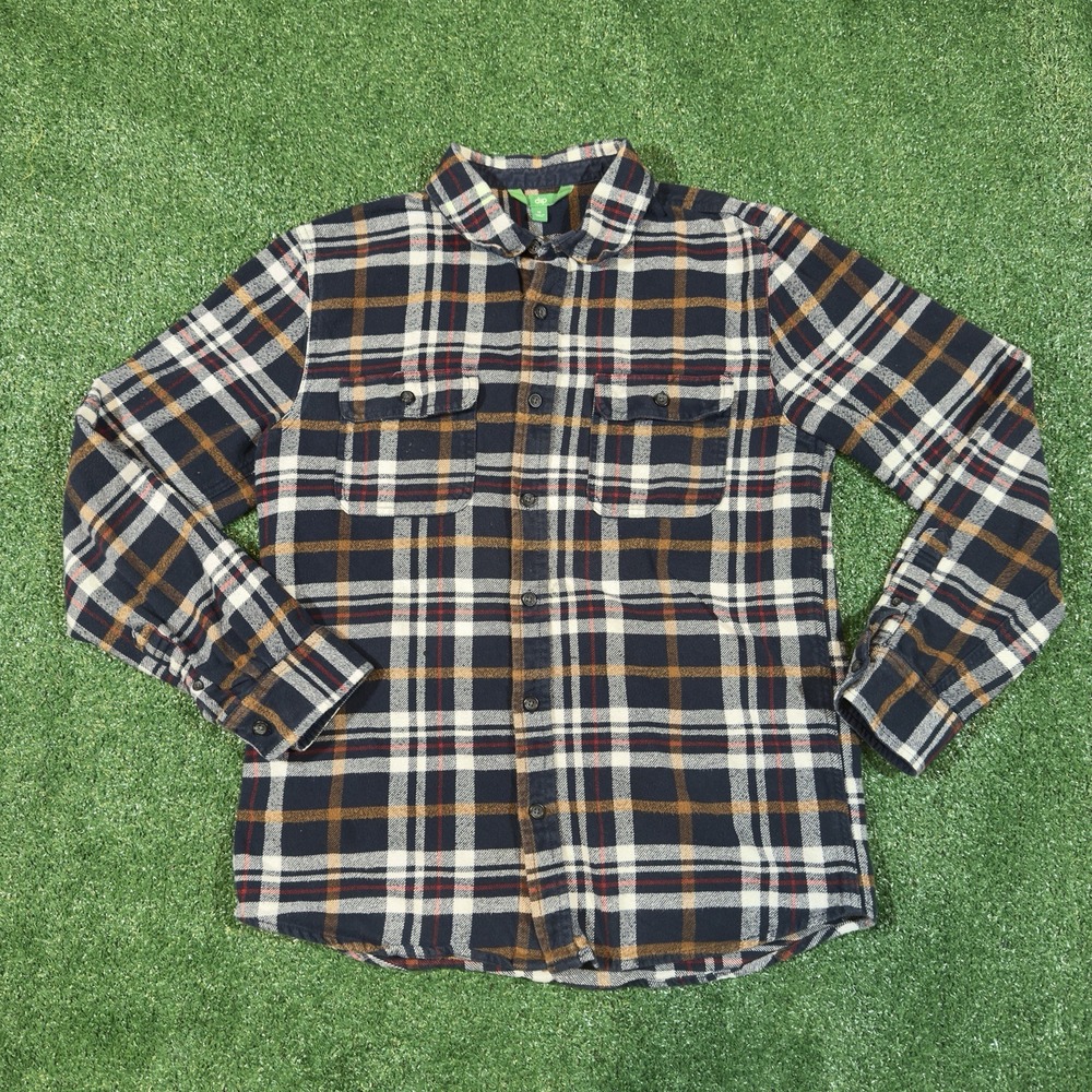 dip Men's Plaid Flannel Shirt Medium Long Sleeve Button-Up Navy Tan White Cotton